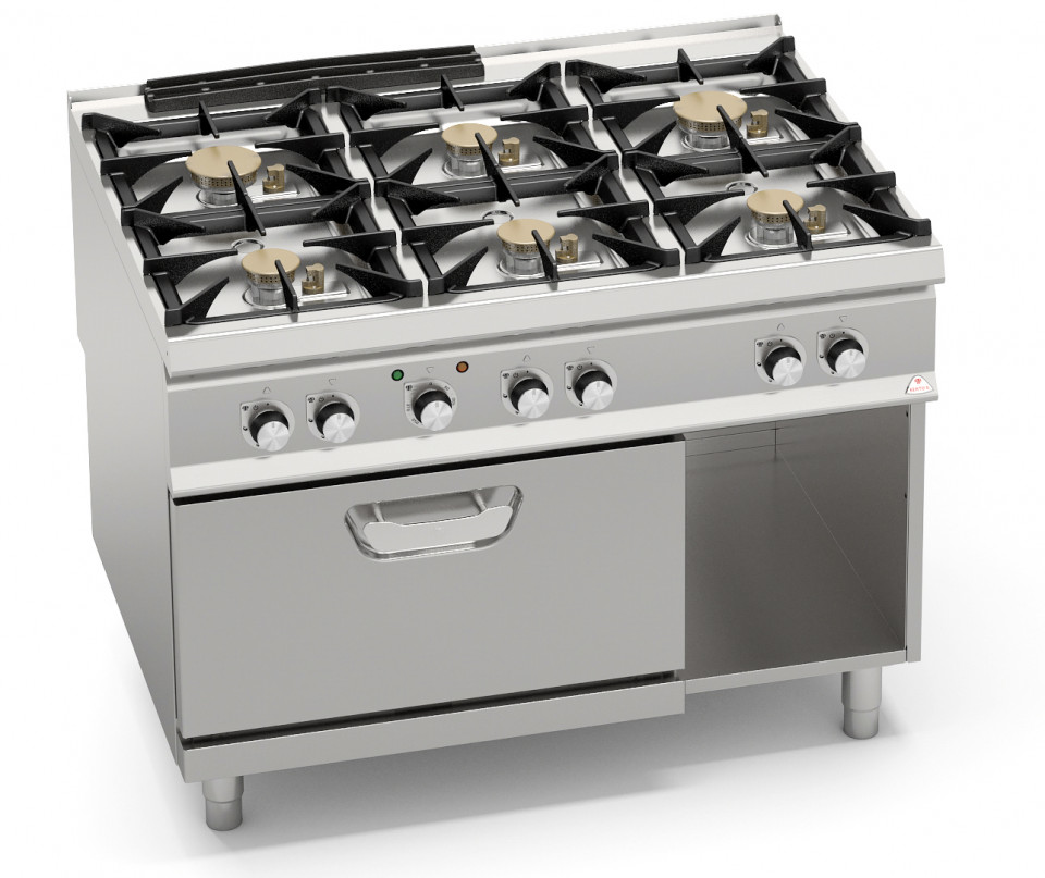 6-BURNERS GAS COOKER POWERED ON 1/1 GN ELECTRIC OVEN