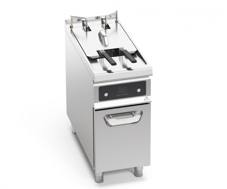 ELECTRIC FRYER WITH CABINET - SINGLE TANK 22 L - AUTOMATIC BASKET LIFTER - OIL FILTERING