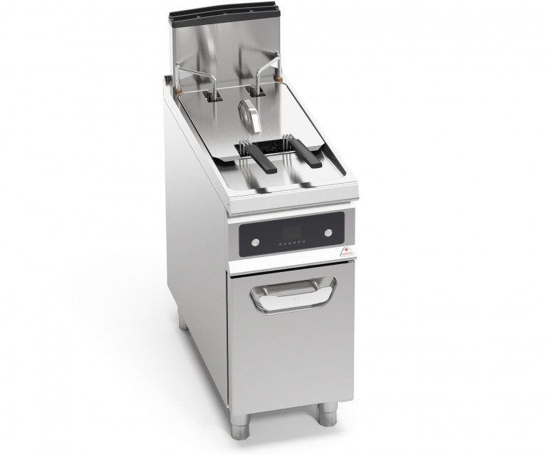 GAS FRYER WITH CABINET - SINGLE TANK 20 L - AUTOMATIC BASKET LIFTER - OIL FILTERING