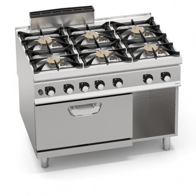 CUCINA A GAS 6 FUOCHI POTENZIATA SU FORNO A GAS 2/1 GN